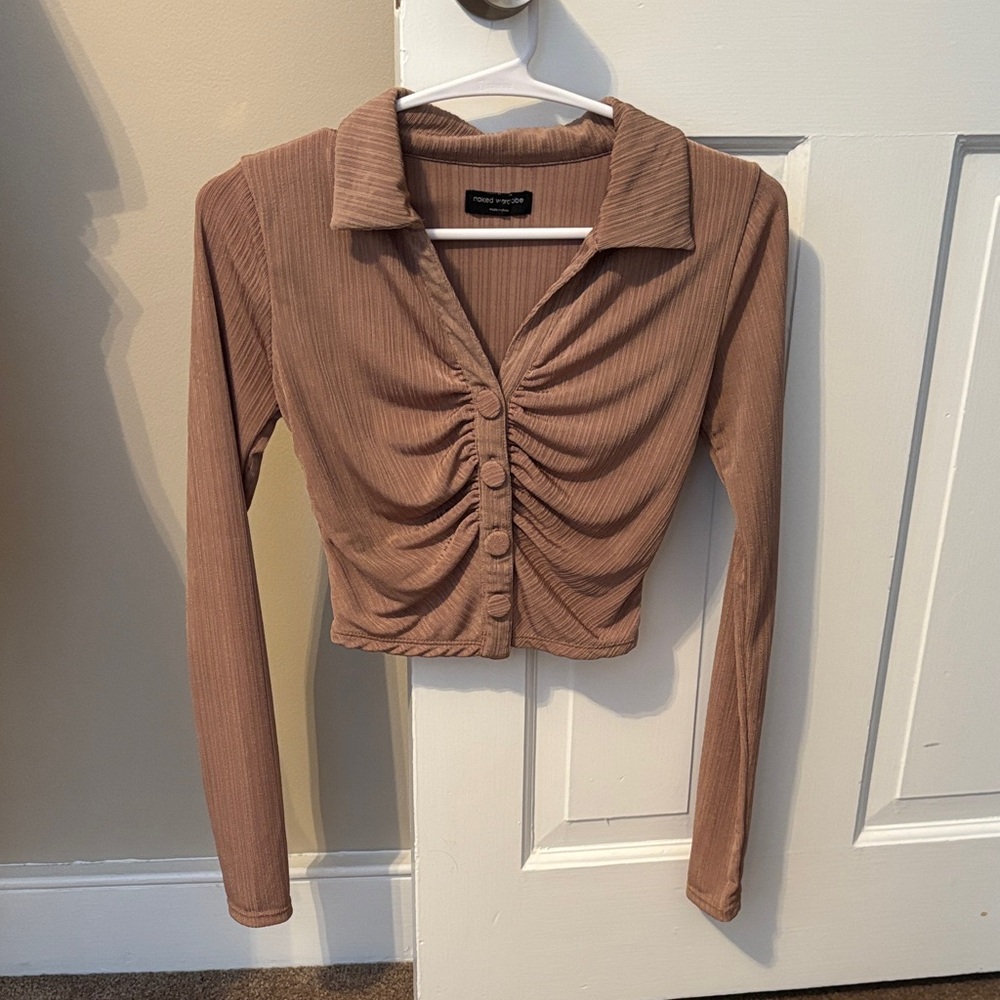 Naked Wardrobe Brown Ruched Collared Blouse